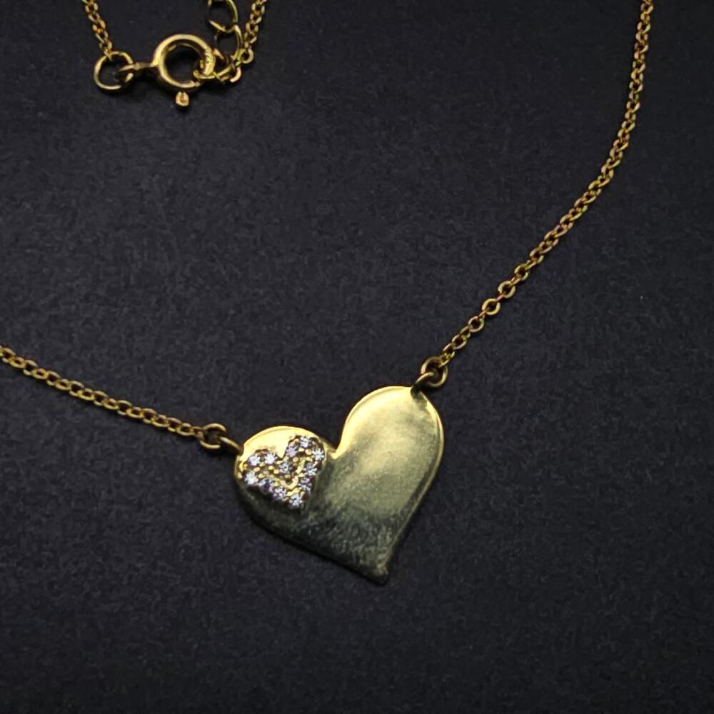 925 JG Heart Pendant Necklace Rhinestones Dainty Gold Plated Feminine